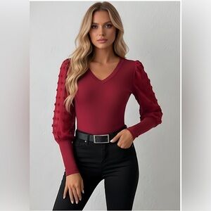 Burgundy Swiss Dot Ribbed Gigot Sleeve V Neck Top